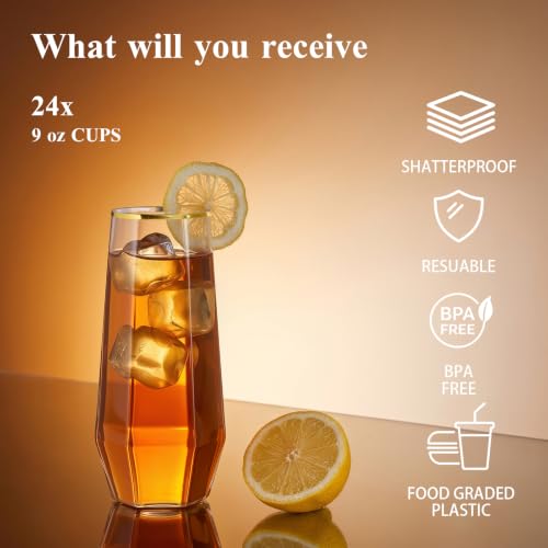 BESTSTAR 48 Pack Gold Rim Plastic Wine Glasses Set, BPA-Free Shatterproof | 24 9 OZ Stemless Champagne Flutes & 24 12OZ Diamond Wine Whiskey Glasses, Clear Drinkware for Weddings, Parties & Events - color: Gold Rim Diamond