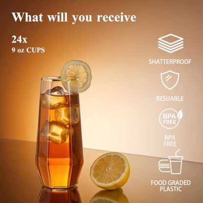 BESTSTAR 48 Pack Gold Rim Plastic Wine Glasses Set, BPA-Free Shatterproof | 24 9 OZ Stemless Champagne Flutes & 24 12OZ Diamond Wine Whiskey Glasses, Clear Drinkware for Weddings, Parties & Events - color: Gold Rim Diamond