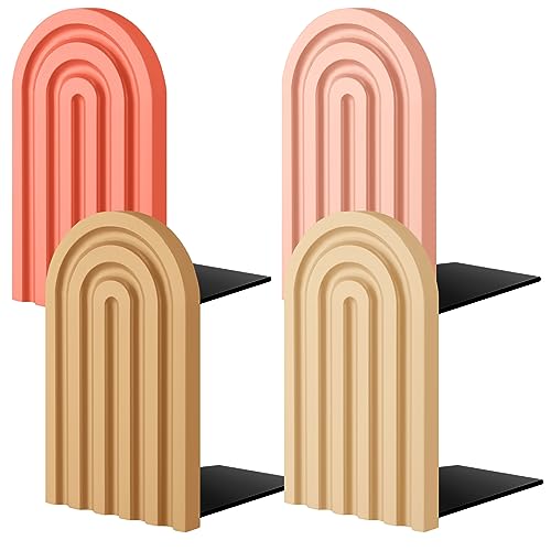 Harloon 4 Pcs Boho Arch Wooden Bookends, Decorative Rainbow Book Stoppers with Non-Slip Metal Base, 5x3x4 Inches, Cute Shelf Decor for Heavy Books, Home Office Study Desk Organizer(Cute Color) - color: Cute Color