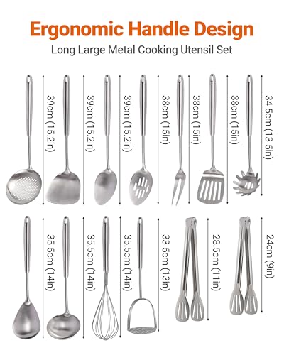 304 Stainless Steel Kitchen Utensils Set - 15PCS Long Metal Cooking Utensil Serving Utensils Set, Masher, Whisk, Turner, Serving Spoon, Fork, Tongs, Skimmer, Ladle, etc (Dishwasher Safe)