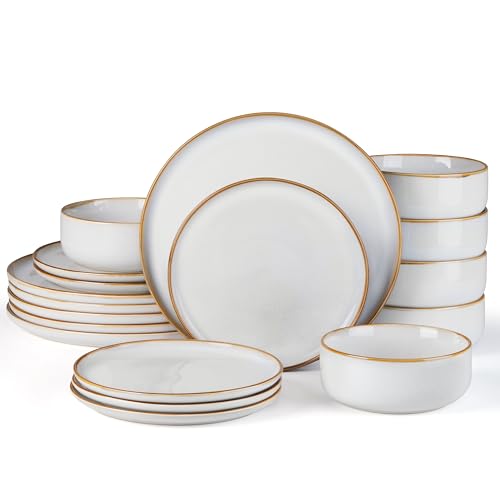E-far Dinnerware Sets for 6, 18-Piece Stoneware Plates and Bowls Set, Reactive Glaze Dinning Ware Dishes Set, Microwave & Dishwasher Safe - Seashell White - color: Seashell White, size: Service for 6