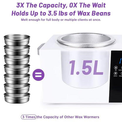 1.5L Large Capacity Digital Wax Warmer - Smart Touch Screen Wax Melting Pot with Precise Temp Control (86-275°F), Fast 5-Min Heat, for Professional Hair Removal & SPA, with Silicon Spatula & 50 Sticks