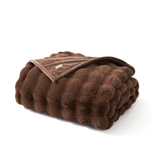 Faux Rabbit Fur Bubble Throw Blanket, 50"x60", Chestnut | Ultra Soft, Luxury Faux Rabbit Fur Throw, Thick Warm Bubble Blanket, Cozy Fluffy Reversible, for Bed, Couch, Chair, Sofa - color: Chestnut, size: 50"x60"
