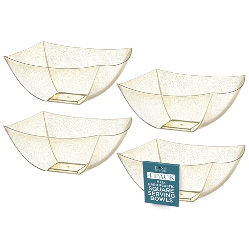 4 Pack Disposable Gold Plastic Serving Bowls Square Party Candy Use 8oz | Square Design. Disposable Party Tableware. Salad, Fruit & Candy Use. Candy Buffet Containers. Gold Plastic. - color: GOLD GLITTER, size: 8 OUNCE
