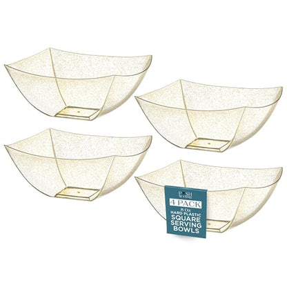4 Pack Disposable Gold Plastic Serving Bowls Square Party Candy Use 8oz | Square Design. Disposable Party Tableware. Salad, Fruit & Candy Use. Candy Buffet Containers. Gold Plastic. - color: GOLD GLITTER, size: 8 OUNCE