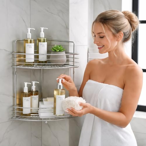 2-Tier Standing Shower Caddy, Stainless Steel Freestanding & Wall-Mounted, Chrome - style: TRIANGLE 2-LAYER