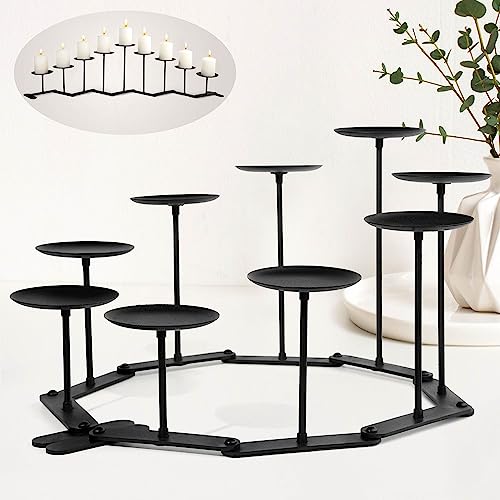 Candelabra Fireplace Candle Holder - 9 Black Iron Pillar Stand | Modern Multi-Tier Candelabra with Adjustable Base, Large Centerpiece for Table, Mantle, Floor, Christmas, Wedding Decor - color: A-9 Candles