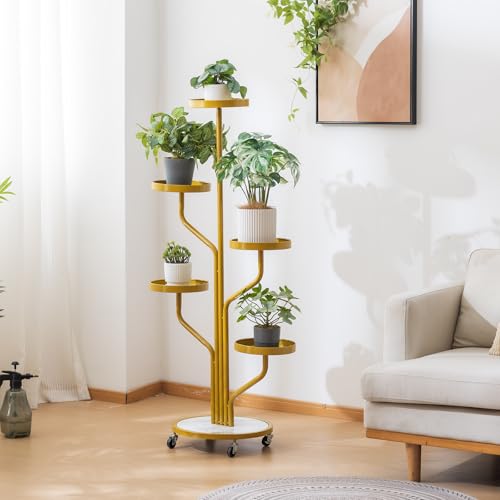 CHPHI 5 Tier Indoor Plant Stand Wrought Iron, Tall Metal Plant Stand with Wheels, Metal Rolling Plant Shelf with 5 Trays, Multi-tier Rolling Display Stand for Home and Office(Gold)