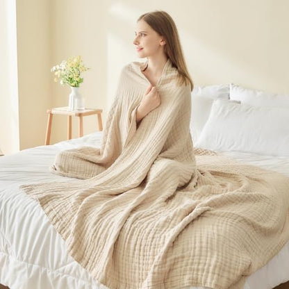 EMME Cotton Blanket Queen Size for Bed Soft Muslin Bed Blankets 90"x90" Beige Lightweight Breathable Bedspread Coverlet All Season Gauze - color: 02 - Beige, size: Queen (90" x 90")