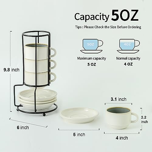 JIEMEI HOME Porcelain Stackable Espresso Cups with Saucers and Metal Stand, 4 Ounce Demitasse Cups for Specialty Coffee Drinks, Cafe Mocha Tea-Set of 4, Stackable Espresso Mugs, White & Green - color: White & Reed Green