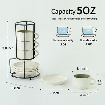 JIEMEI HOME Porcelain Stackable Espresso Cups with Saucers and Metal Stand, 4 Ounce Demitasse Cups for Specialty Coffee Drinks, Cafe Mocha Tea-Set of 4, Stackable Espresso Mugs, White & Green - color: White & Reed Green