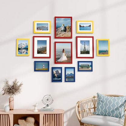 Vittanly 12 Pack Gallery Wall Frame Set, Red, Yellow, Blue | Gallery Wall Frame Set: 4pcs 8x10, 4pcs 5x7 & 4pcs 4x6 Photos for Wall & Table, Picture Frames made of Engineered Wood - color: Red & Yellow & Blue