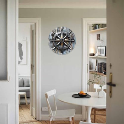Yukro 12 Inch Retro Compass Wall Clock, Navigation Compass Wood Grain Battery Operated Silent Non Ticking Clocks, Easy to Read Round Wall Clock for Kitchen/Living Room/Bedroom/Office - color: Light Beige Gray Tan, size: 12 Inch