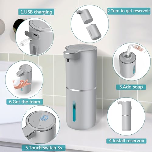 Automatic Soap Dispenser – Touchless Foaming Soap Dispenser 400ml USB Rechargeable Dispenser Electric Wall Mounted 4levels Adjustable Foam Soap Dispenser Pump for Bathroom Kitchen(Silver) - color: Silver, style: Foam