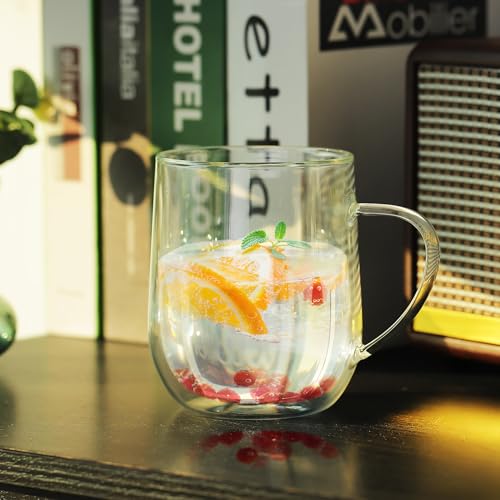 Joeyan Large Clear Double Walled Glass Coffee Mugs 15 oz, Double Layer Tea Latte Cappuccino Cups with Handle, Double Lined Insulated High Borosilicate Glassware for Milk and Hot Beverages, Set of 2 - color: 400ml-Clear with handle