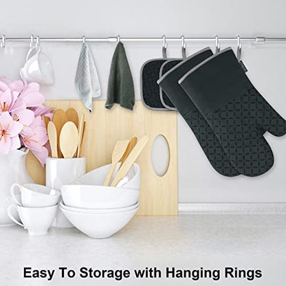 KEGOUU Oven Mitts and Pot Holders 6pcs Set, Kitchen Oven Glove High Heat Resistant 500 Degree Extra Long Oven Mitts and Potholder with Non-Slip Silicone Surface for Cooking (Deep Green) - color: Deep Green