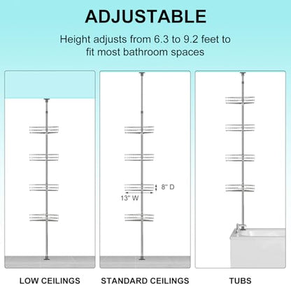 Garvee Corner Shower Caddy Tension Pole, 76 in-110 in Adjustable Bathroom Organizer Shelves, 4-Tier Rustproof Bathroom Shelves with Built-In Towel Bars to Space-Saving, Silver | Adjustable Bathroom Shelf Organizer, Rust-Resistant Floor to Ceiling Storage