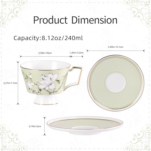 KAMMAK Ceramic Coffee Cups Saucers Set of 2, Porcelain Espresso Cups with Saucers, 8.12 oz Handcrafted Elegant Bone China Tea Cups, Blue & Sage Green Flower Teacup for Party, Office, Women Gift - color: Spring Magnolia (Green + Blue)