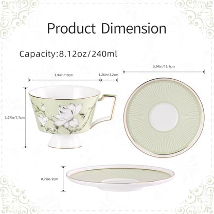 KAMMAK Ceramic Coffee Cups Saucers Set of 2, Porcelain Espresso Cups with Saucers, 8.12 oz Handcrafted Elegant Bone China Tea Cups, Blue & Sage Green Flower Teacup for Party, Office, Women Gift - color: Spring Magnolia (Green + Blue)