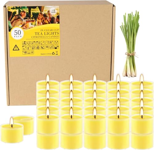 Fclayvts 8-Hour 50Pack Citronella Tealight Candles, Outdoor and Indoor Summer Scented Candle,Natural Soy Wax Candle for Home Patio Garden Yard Balcony,BBQ Birthday Emergency - color: Yellow, size: 50 Pack-8H