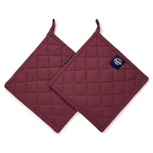 Encasa XO Pot Holders, Quilted Kitchen Hot Pads 8"x8" Maroon | 100% Heavyweight Cotton | Quilted Insulation | Multipurpose Trivets & Hot Pads | Hanging Loop | Set of 2 - color: Maroon