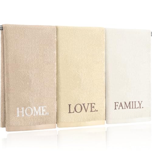 3 Pcs Hand Towels Bathroom Set,Beige,Home Love Family | Embroidered Cotton Farmhouse Towels, Kitchen Decor, Rustic Boho Decorative with Text Labels, Guest Bath Home - color: Beige, style: Home Love Family