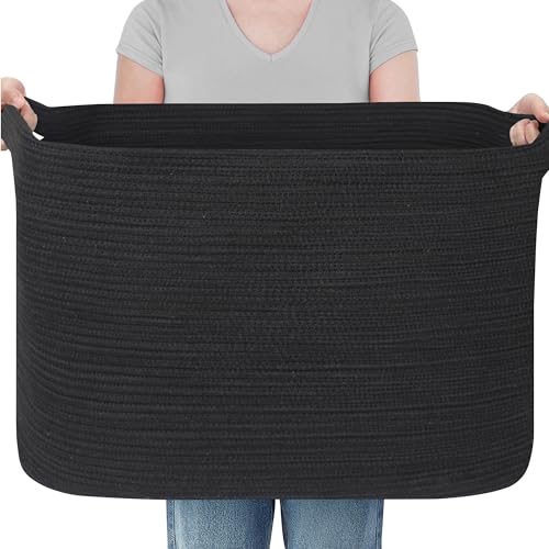 108L Extra Large Storage Basket, 25" x 16" x 16" Black Blanket Basket Living Room, Oversized Cotton Rope Blanket Storage, Woven Kids Dog Toy Bin Box Organizer, Laundry Shoes Towel Bin, Black - color: Black, size: 25"x16"x16"