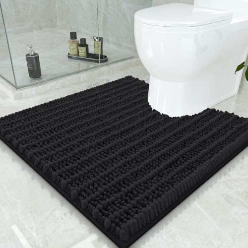Smiry Bathroom Toilet Rugs U Shaped 24x24, Chenille Bath mats for Toilet | Black Extra Soft Absorbent Non Slip Rubber Backing Contour Bath Rugs for Toilet, Machine Washable Contoured Bath Mats - color: Black, size: 24'' X 24''
