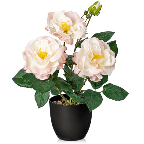Hollyone Artificial Plants & Flowers with Vase Pink Roses Artificial Flowers Small Potted Plant Faux Silk Flower with Black Pot Fake Rose Flower Arrangement Office Shelf Desk Home Decor 11 Inch - color: Rose 2 - Pink (11inch)