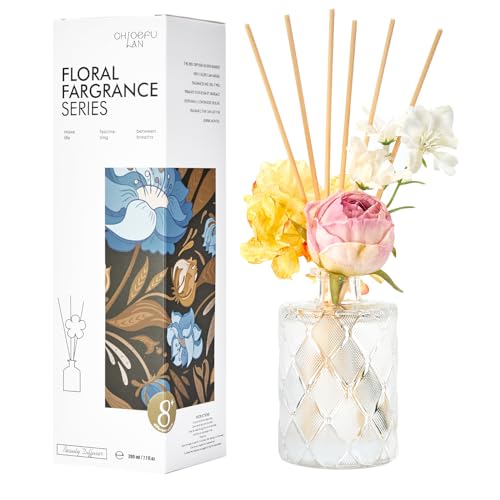 Chloefu Lan Amber Reéd diffuser, 6.7 oz Natural Essential Scented Oil, Pink Yellow and White Flowers Reéd Diffuser Sticks, Bathroom, Home & Office Decor, Preppy Room Decor, Amber Diffuser Oil Gift Set - color: Amber