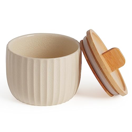 Salt Cellar Keeper with Bamboo Lid, 14oz Big Capacity Ceramic Sugar Bowls Pepper Box, Crackle Glaze Seasoning Container Condiment Pot for Kitchen, (Cream Color), 4″×4″ - color: Cream