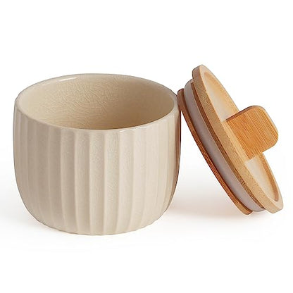 Salt Cellar Keeper with Bamboo Lid, 14oz Big Capacity Ceramic Sugar Bowls Pepper Box, Crackle Glaze Seasoning Container Condiment Pot for Kitchen, (Cream Color), 4″×4″ - color: Cream
