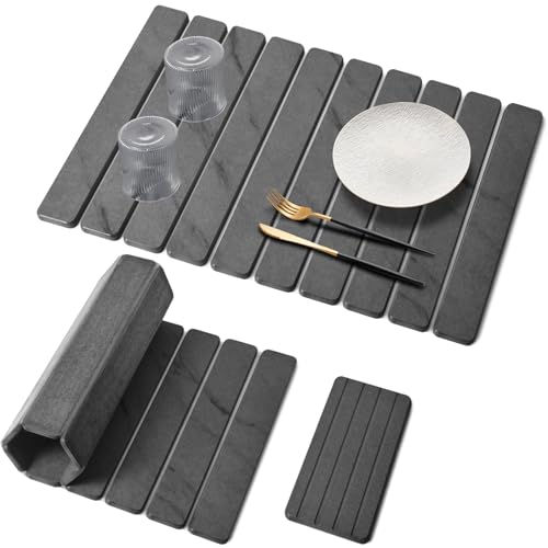 Large Stone Dish Drying Mat for Kitchen Counter, Quick Dry Dish Drying Mats, Foldable Absorbent Diatomaceous Earth Mats for Plate Rack Bottles Cups, Match Any Countertop (Gray Marble 24"×16" & 8"x4") - color: Gray Marble, size: 24" x 16"
