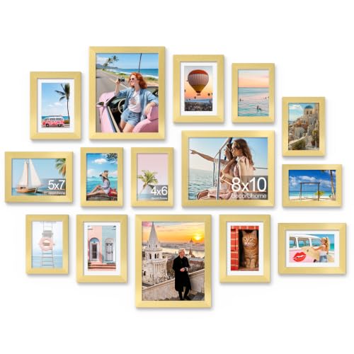 decorUhome 15 Pack Assorted Picture Frame Set for Wall & Tabletop, PF15GD | Gold, Includes Three 8x10 / Six 5x7 / Six 4x6 Multi Size, MDF Frame with Plexiglass Cover - color: Gold