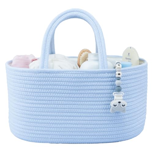 XUANGUO Large Cotton Rope Baby Diaper Caddy Organizer Basket Sky Blue | Nursery Storage Bin, Portable Baby Tote Bag for Changing Table or Car, Baby Shower Gifts Bag, Newborn Essentials, Registry - color: sky blue, size: Regular