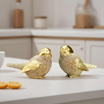 Set of 2 Pcs Small Gold Birds Statues Home Decor Modern Style Decorative Ornaments for Living Room Decor, Bedroom, Office Desktop, Cabinets Collectible Bird Figurine
