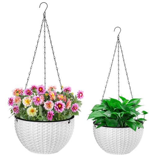 Foraineam 2-Pack Dual-pots Design Hanging Basket Planters Self-Watering Indoor Outdoor Plant & Flower Hanging Pots with Drainer and Chain, 2 Size Assorted (White)