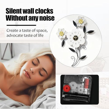 Large Flower Wall Clock, Modern Metal Wall Decor with Silent Quartz Movement, Artistic Floral Wall Art for Living Room Bedroom Office, Elegant Black White Gold Petal Design, 24" x 34.5"