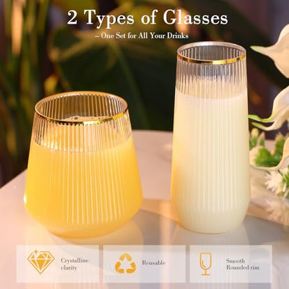 48 Pack Ribbed Plastic Wine Glasses – 24 x 9oz Stemless Champagne Flutes & 24 x 12oz Disposable Wine Glasses – Elegant Disposable Plastic Cups with Gold Rim – BPA-Free Drinkware for Weddings, Parties - color: Gold Rim Ribbed