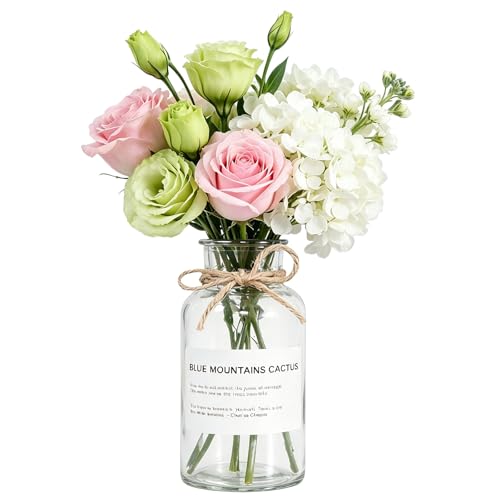 6.38 Inch 17oz Clear Glass Vase, Wide Mouth Flower Vase with Hemp Rope | Thickened Glass Body, Natural Hemp Rope, Smooth Wide Mouth, Stable Base, DIY Sticker Included, 2 Color Options - color: Clear