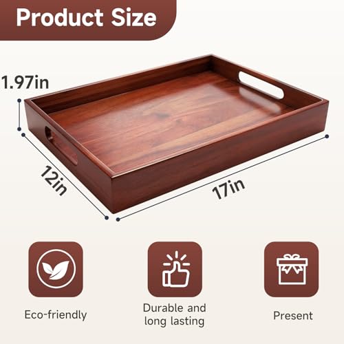 17 x 12 Inch Acacia Wood Large Serving Tray with Handles | Multi-use Tray for Coffee Table, Ottoman, Bed Breakfast, Included Free Leather Mat