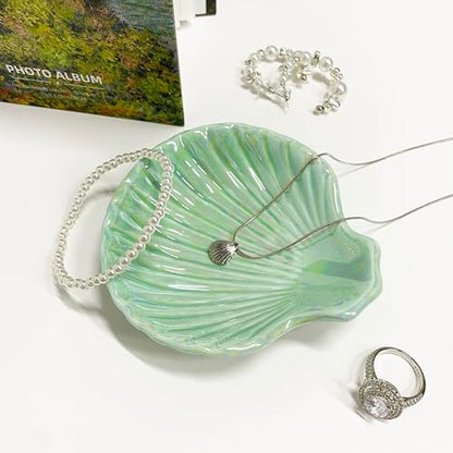Ceramic Shell Ring Holder Dish, Small Shell Trinket Dish, Beachy Jewelry Plate for Earrings Necklace Valentine's Mother's Day Christmas Birthday Gifts for Women, 3.9", Ice Green Iridescent Surface - color: Ice Green