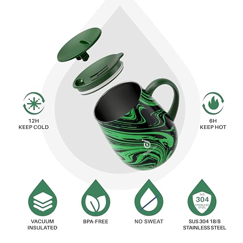 Ideus 16 oz Insulated Coffee Mug with Handle and Lid, Double Wall Stainless Steel Vacuum Thermal Coffee Mug, Travel Coffee Cup Thermal Cup for Home and Office (Green Zebra, FUJI DAWN) - color: Green Zebra