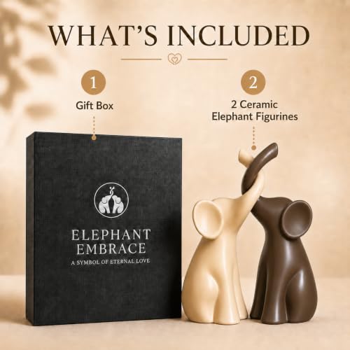 Elephant Figurines Home Decor, Set of 2 Ceramic Elephant Statues, Ivory White and Brown, Shelf Figurine, Elephant Gift for Women, 14th Anniversary, Wedding or Housewarming Gift for Couples