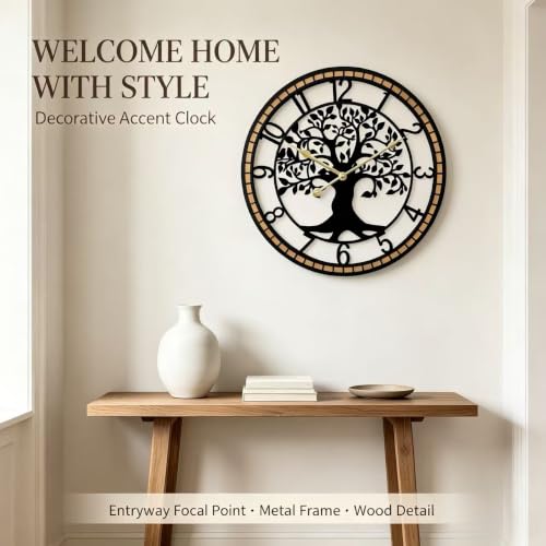 Large Wall Clock for Living Room Decor Tree of Life Metal Wall Art, Non-Ticking Battery Operated Metal Black with Solid Wood Frame for Office/Bedroom/Kitchen 27inch - size: B 27 Inch