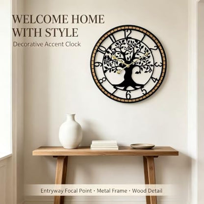 Large Wall Clock for Living Room Decor Tree of Life Metal Wall Art, Non-Ticking Battery Operated Metal Black with Solid Wood Frame for Office/Bedroom/Kitchen 27inch - size: B 27 Inch