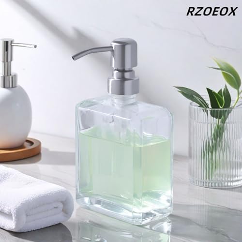 Clear Glass Soap Dispenser with Brushed Nickel Pump, 13.5 OZ Liquid Soap Dispenser Square with Stainless Steel Pump for Dish Hand Soap Bathroom Kitchen Vanity Countertop - color: Brushed Nickel, size: 13.5 oz