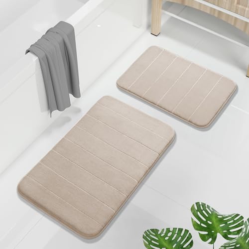Yimobra Memory Foam Bathroom Rugs Sets 2 Piece - Super Soft Absorbent Quick Dry Bath Mat Set, Machine Washable Non Slip Floor Carpet for Tub Shower & Single Sink (17x24 & 31.5x20 Inch, Beige) - color: Beige, size: 31.5x20+24x17 Inch