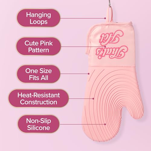Paris Hilton Oven Mitt Set with Iconic That's HOT Design, Heat Resistant Pot Holders Featuring Non-Slip Textured Silicone Grips, 2-Piece Set, Pink - style: That's Hot
