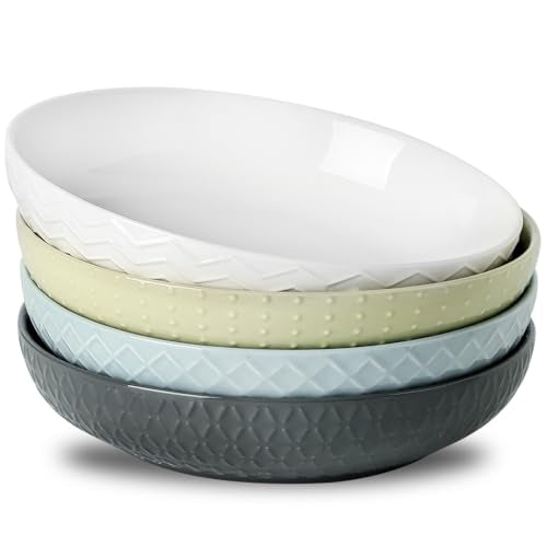 HASENSE Ceramic Pasta Bowls, 42 OZ Ceramic Salad Bowl Set of 4, Large Serving Plate Bowls,Embossment Stoneware Wide and Shallow Pasta Plates for Fruits, Noodle,Colorful - color: Colorful
